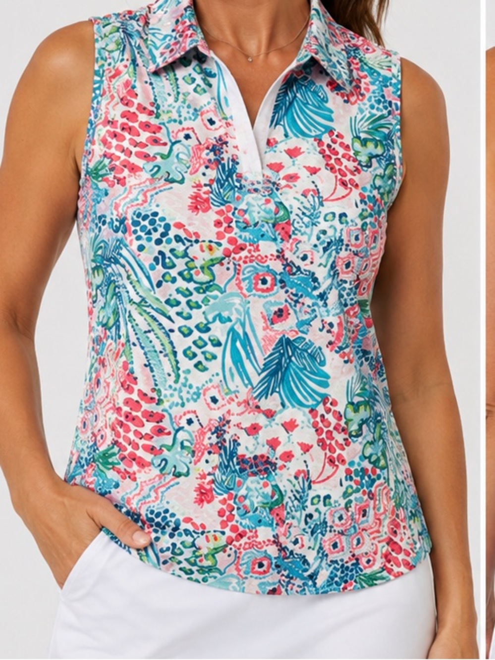 NWT Soneven Sleeveless Golf Polo Quarter Zip Tropical Print Performance Top Med
